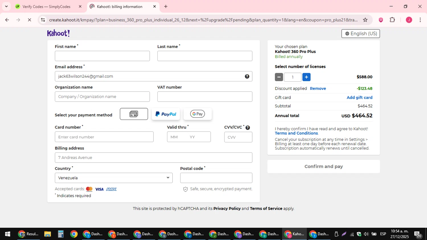 Kahoot! promo code screenshot showing code pro_plus21 applied at Kahoot! checkout page. Uploaded by SimplyCodes community member JackWilson63 on Dec 27, 2025