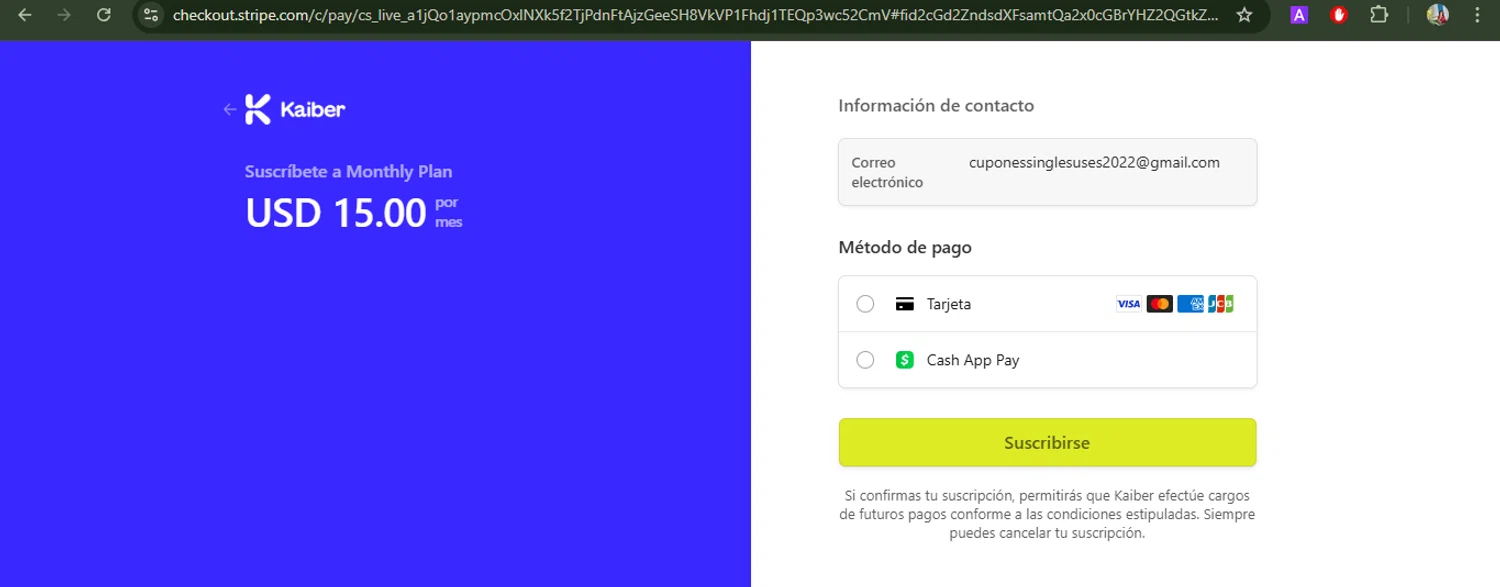 Kaiber discount code screenshot showing code WELCOME20 applied at Kaiber checkout page. Uploaded by SimplyCodes community member BrilliantFox7966 on Feb 9, 2025