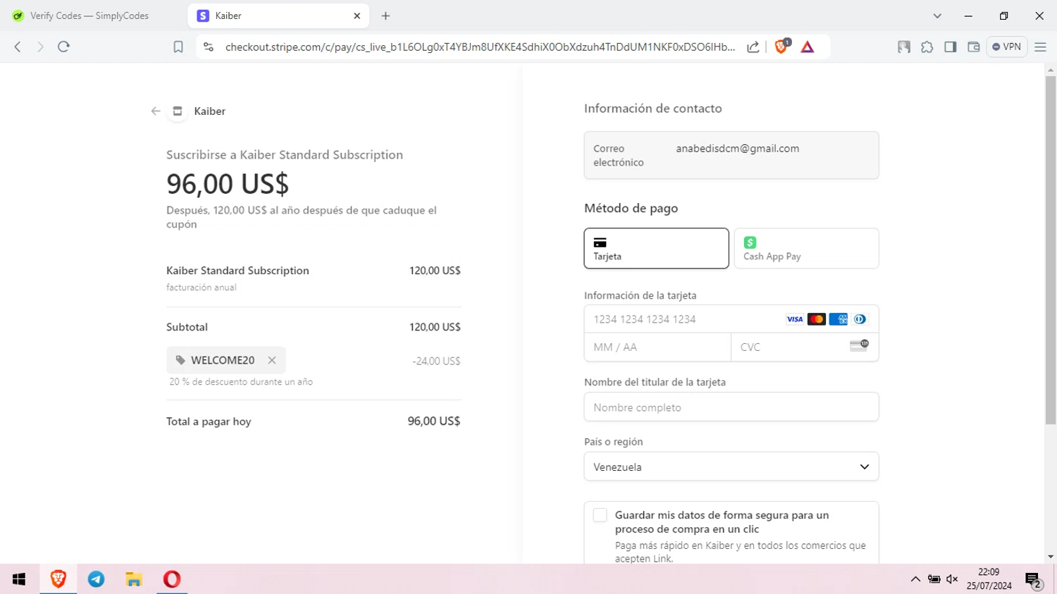 Kaiber checkout page showing Kaiber discount code box | Screenshot taken by SimplyCodes community member on Jul 26, 2024