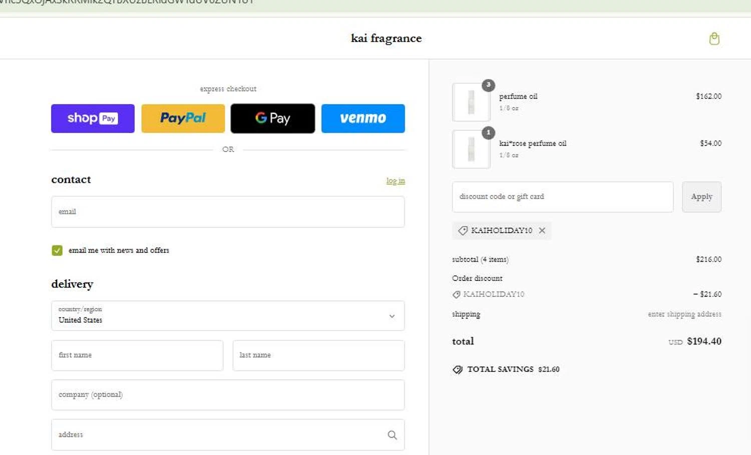Kai Fragrance discount code screenshot showing code kaiholiday10 applied at Kai Fragrance checkout page. Uploaded by SimplyCodes community member stygian1 on Nov 27, 2024