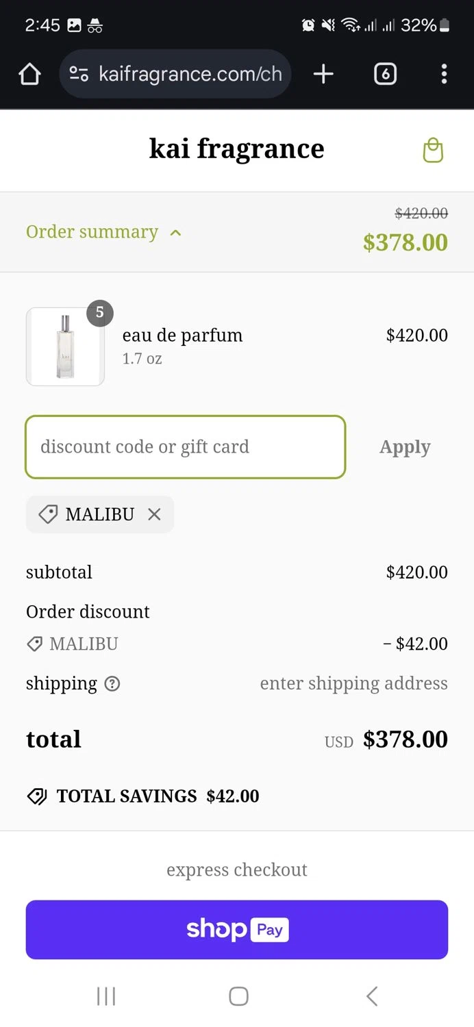 Kai Fragrance discount code screenshot showing code Malibu applied at Kai Fragrance checkout page. Uploaded by SimplyCodes community member ronyacosta on Mar 7, 2025