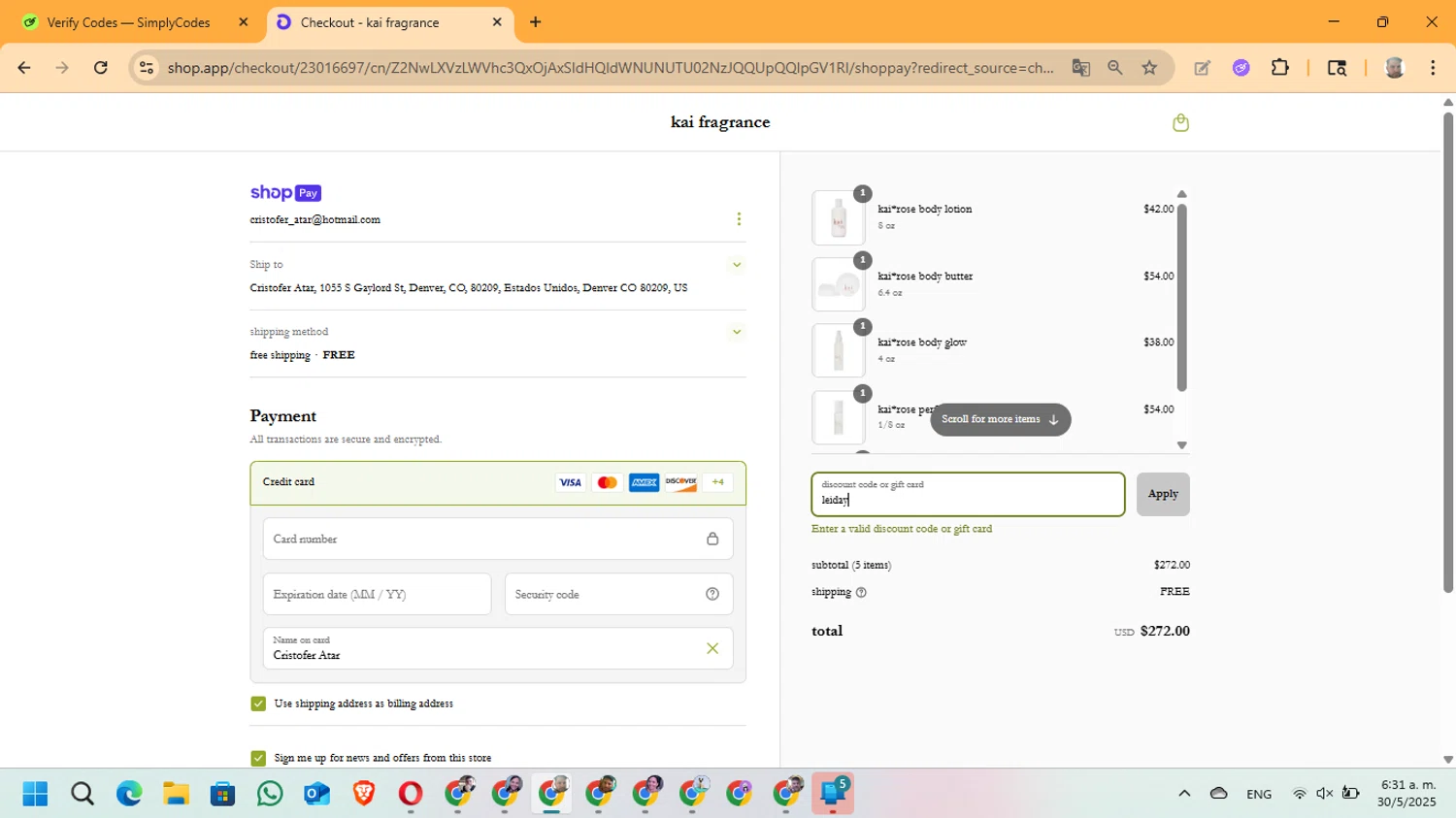 Kai Fragrance discount code screenshot showing code leiday applied at Kai Fragrance checkout page. Uploaded by SimplyCodes community member ManuelF on May 30, 2025