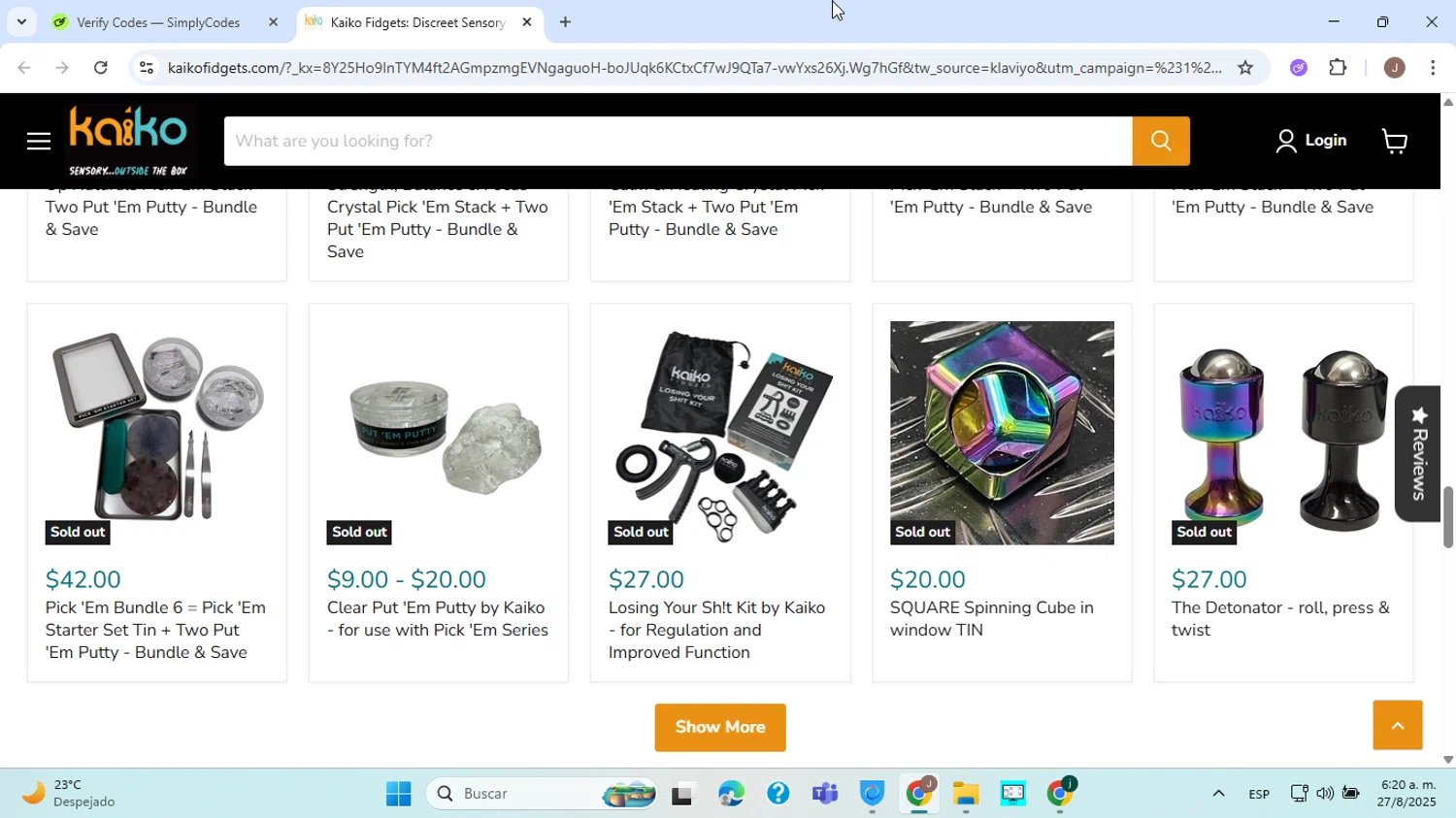 Kaiko Fidgets discount code screenshot showing code WELCOME5 applied at Kaiko Fidgets checkout page. Uploaded by SimplyCodes community member ABHF23 on Aug 27, 2025