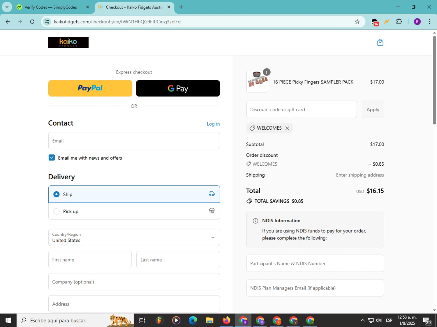 Kaiko Fidgets discount code screenshot showing code WELCOME5 applied at Kaiko Fidgets checkout page. Uploaded by SimplyCodes community member Soyvictor on Aug 1, 2025