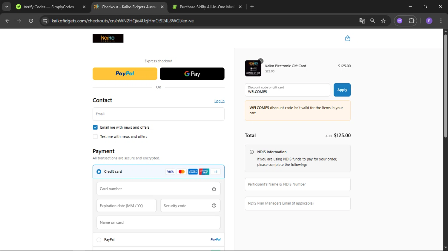Kaiko Fidgets discount code screenshot showing code WELCOME5 applied at Kaiko Fidgets checkout page. Uploaded by SimplyCodes community member satoru on Aug 27, 2025