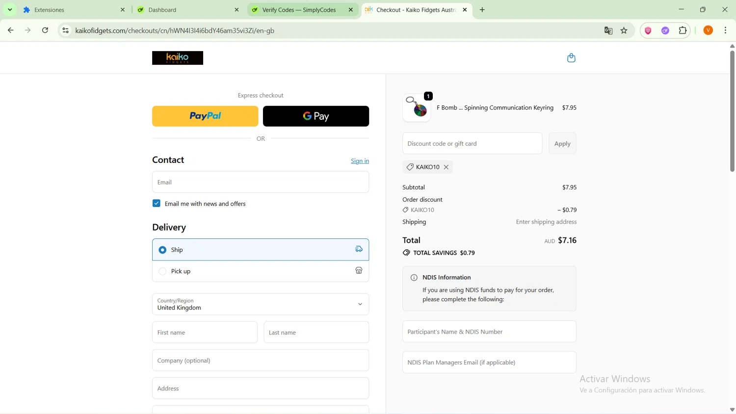 Kaiko Fidgets discount code screenshot showing code KAIKO10 applied at Kaiko Fidgets checkout page. Uploaded by SimplyCodes community member GoldFox1696 on Oct 19, 2025