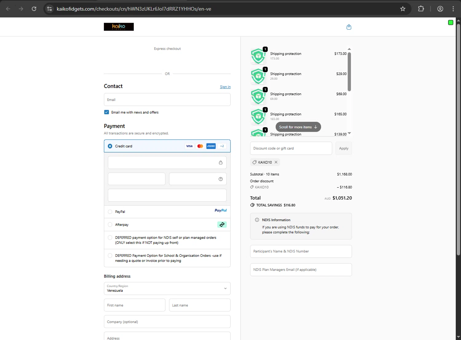 Kaiko Fidgets discount code screenshot showing code KAIKO10 applied at Kaiko Fidgets checkout page. Uploaded by SimplyCodes community member MRDEAL on Oct 11, 2025