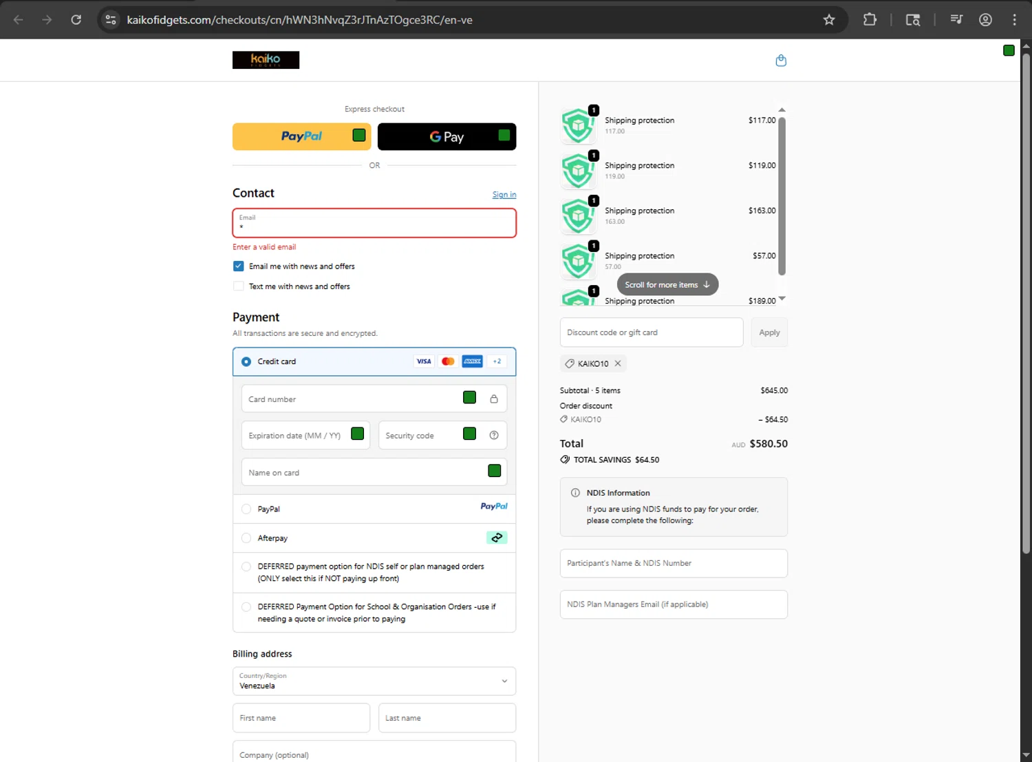 Kaiko Fidgets discount code screenshot showing code KAIKO10 applied at Kaiko Fidgets checkout page. Uploaded by SimplyCodes community member kaiser2 on Oct 3, 2025