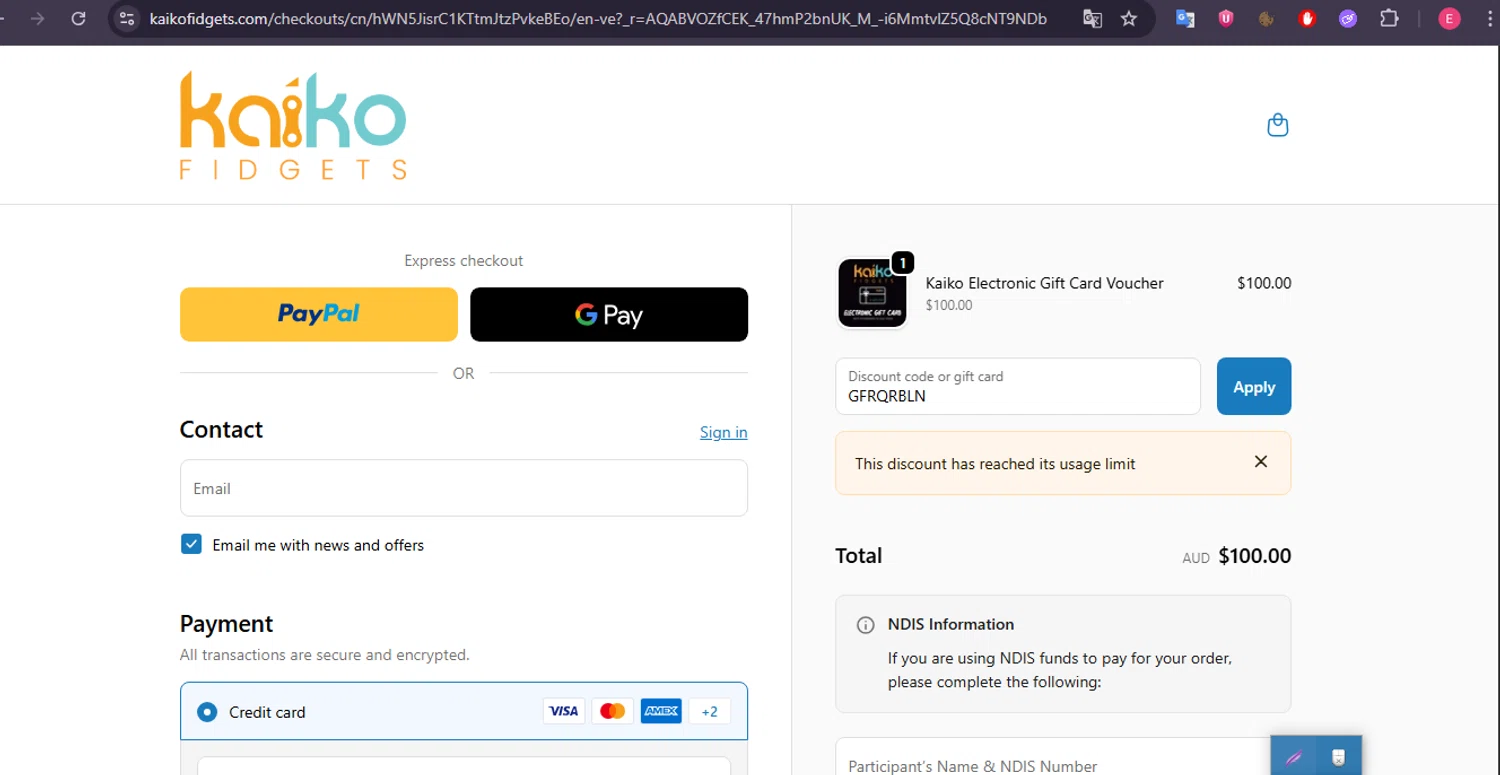 Kaiko Fidgets discount code screenshot showing code GFRQRBLN applied at Kaiko Fidgets checkout page. Uploaded by SimplyCodes community member MightyNavigator742 on Nov 15, 2025