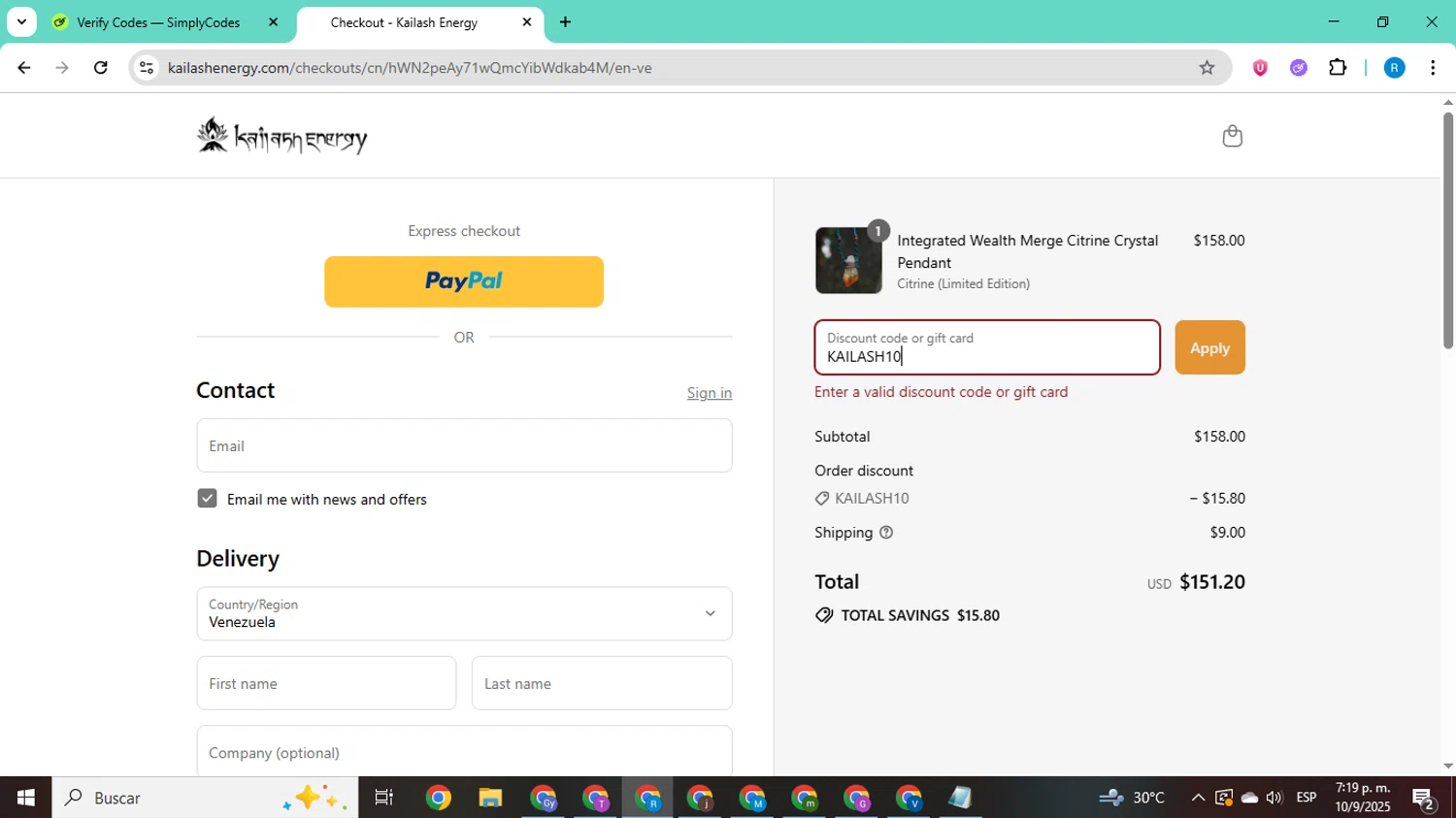 Kailash Energy promo code screenshot showing code KAILASH10 applied at Kailash Energy checkout page. Uploaded by SimplyCodes community member CodeShopper8605 on Sep 10, 2025