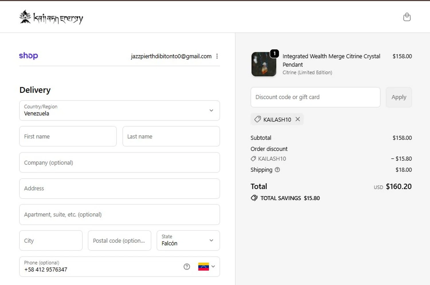 Kailash Energy promo code screenshot showing code KAILASH10 applied at Kailash Energy checkout page. Uploaded by SimplyCodes community member MagnificentCollector7829 on Dec 14, 2025