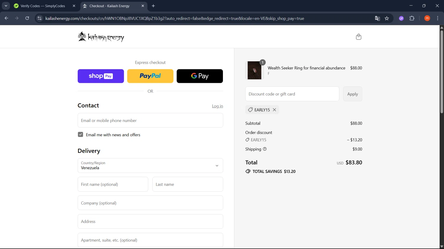 Kailash Energy promo code screenshot showing code Early15 applied at Kailash Energy checkout page. Uploaded by SimplyCodes community member PromoMonarch895 on Aug 3, 2025