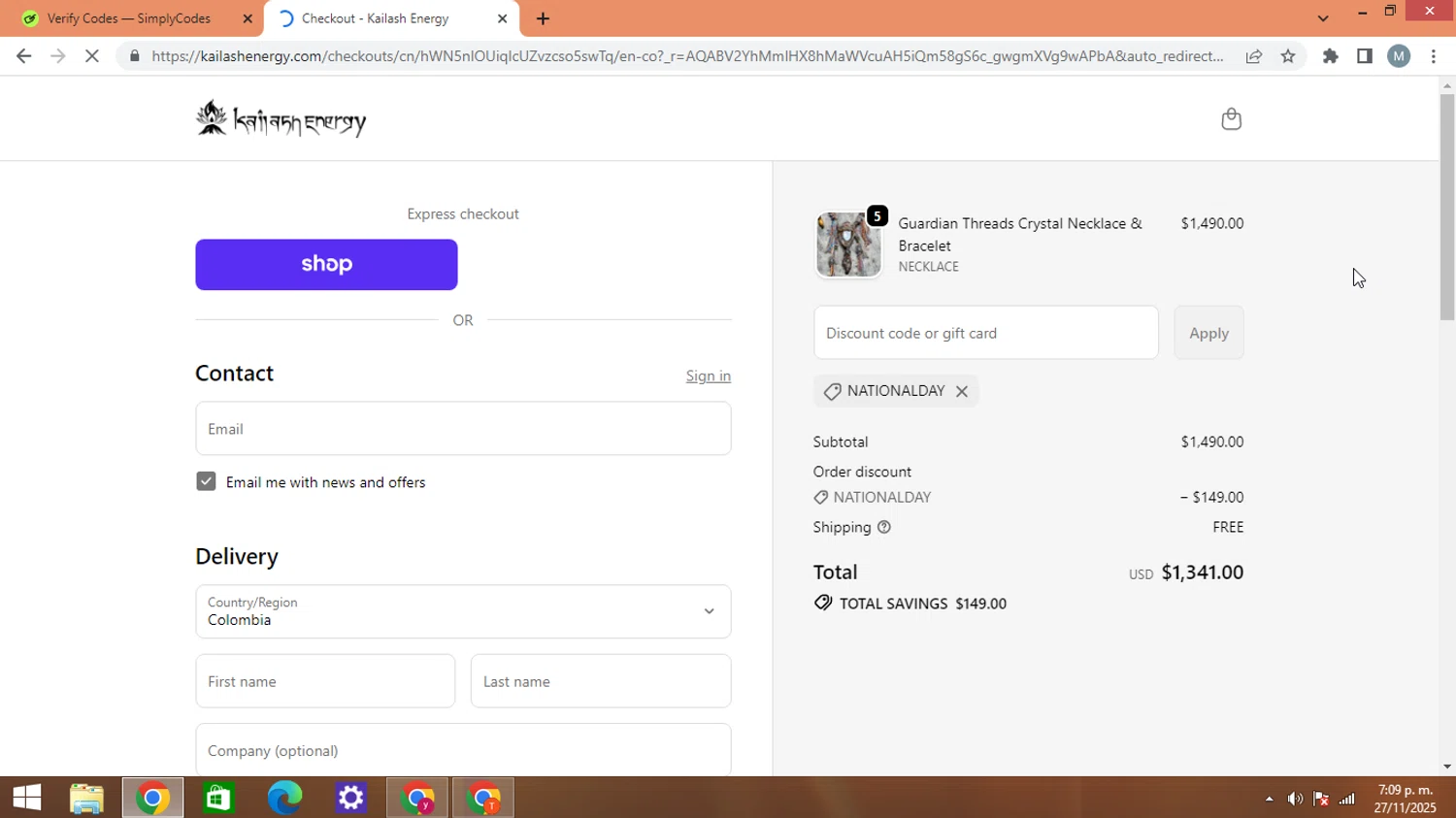 Kailash Energy promo code screenshot showing code NATIONALDAY applied at Kailash Energy checkout page. Uploaded by SimplyCodes community member AJOTAA on Nov 28, 2025