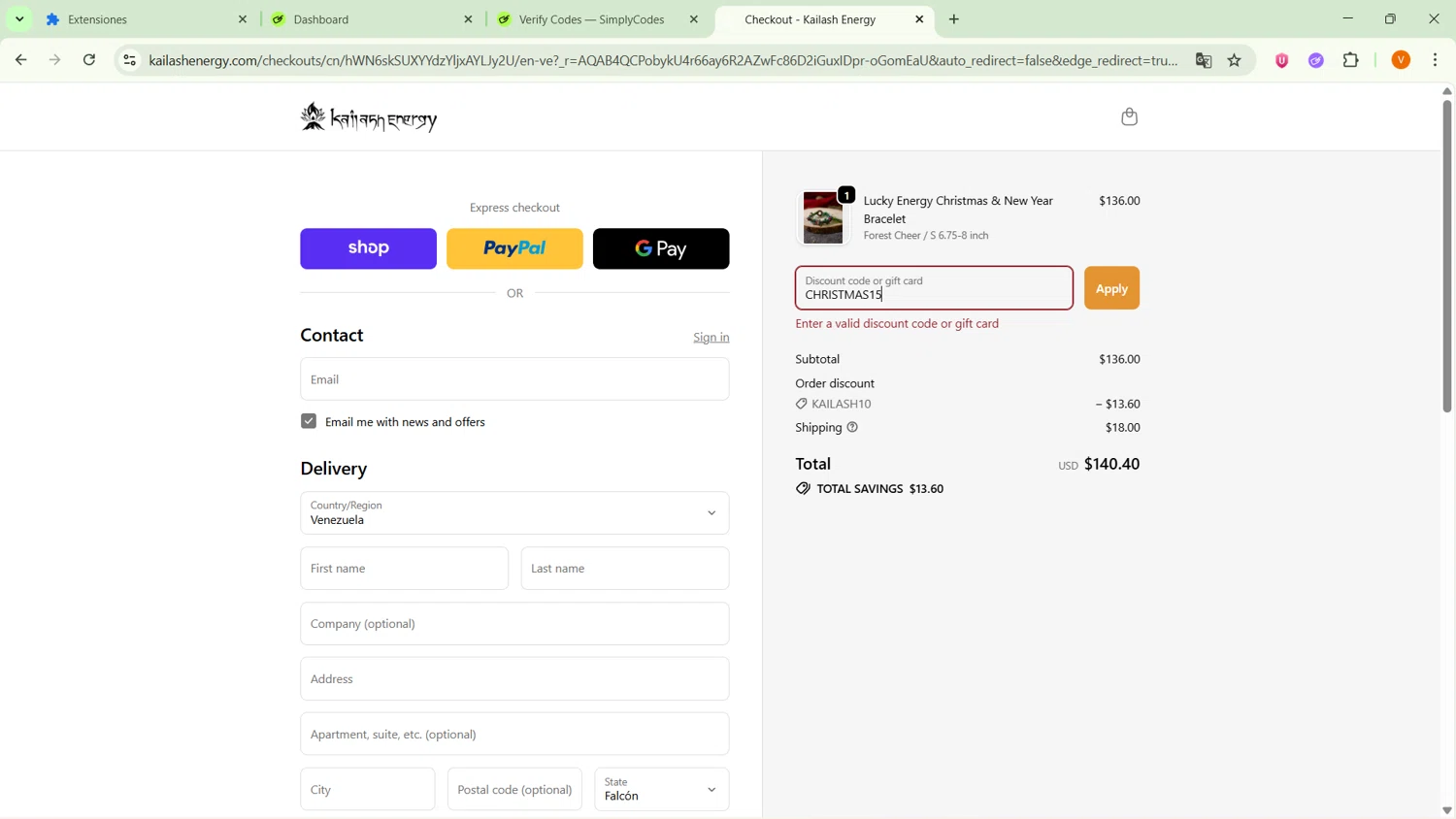 Kailash Energy promo code screenshot showing code CHRISTMAS15 applied at Kailash Energy checkout page. Uploaded by SimplyCodes community member RebateSaver5991 on Dec 26, 2025