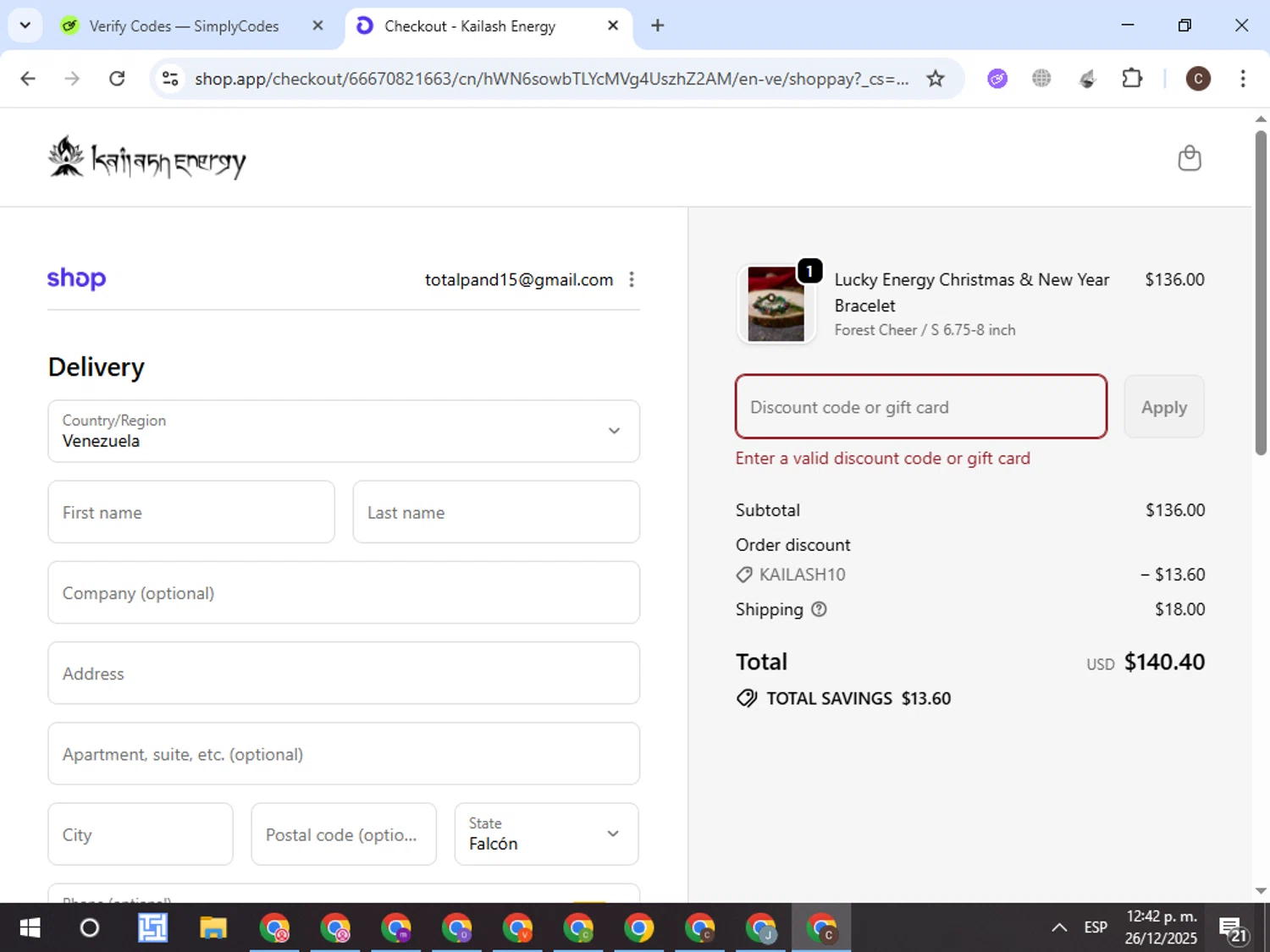 Kailash Energy promo code screenshot showing code CHRISTMAS15 applied at Kailash Energy checkout page. Uploaded by SimplyCodes community member VictorL on Dec 26, 2025