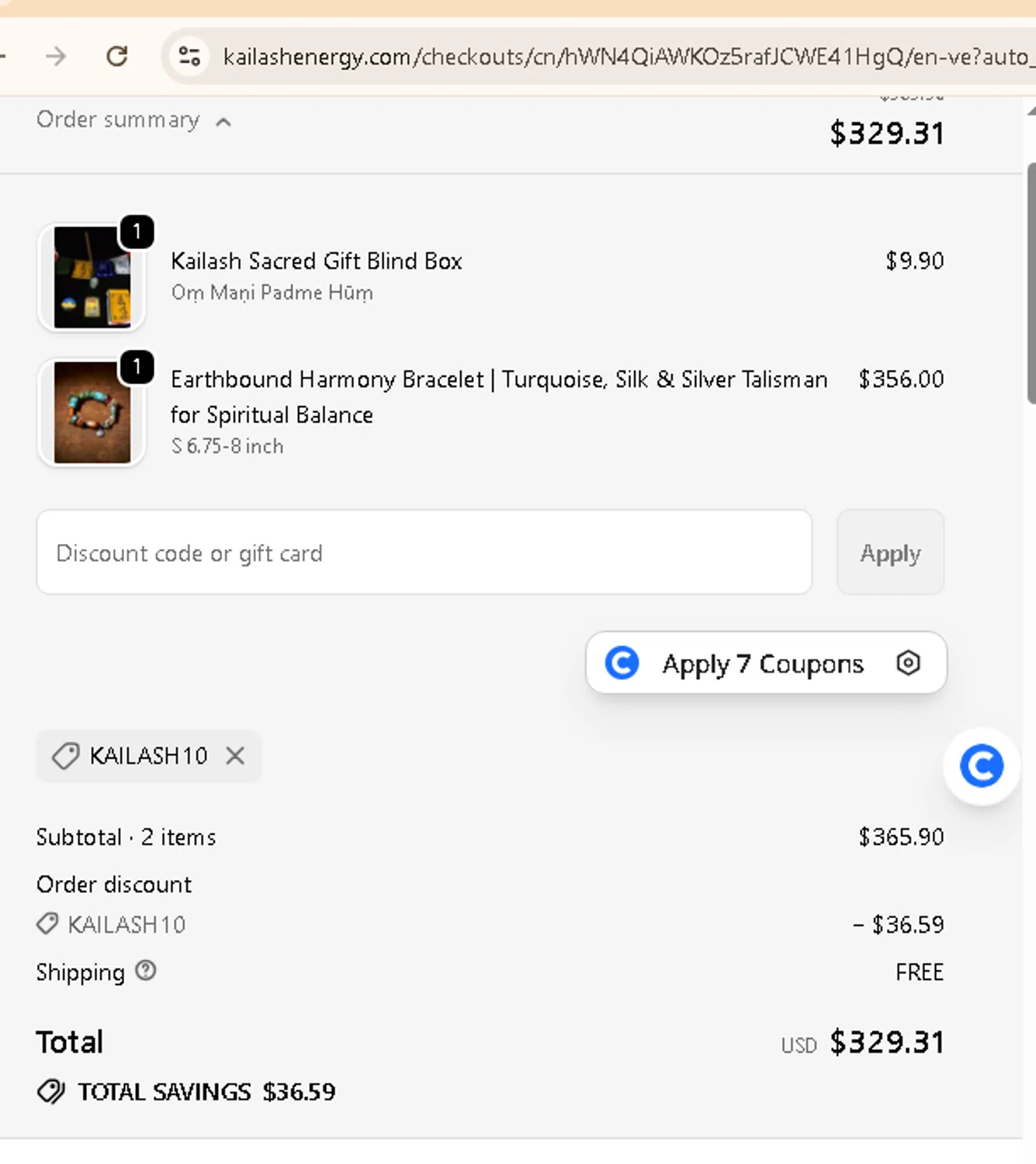 Kailash Energy promo code screenshot showing code KAILASH10 applied at Kailash Energy checkout page. Uploaded by SimplyCodes community member AMANDA2681 on Oct 23, 2025