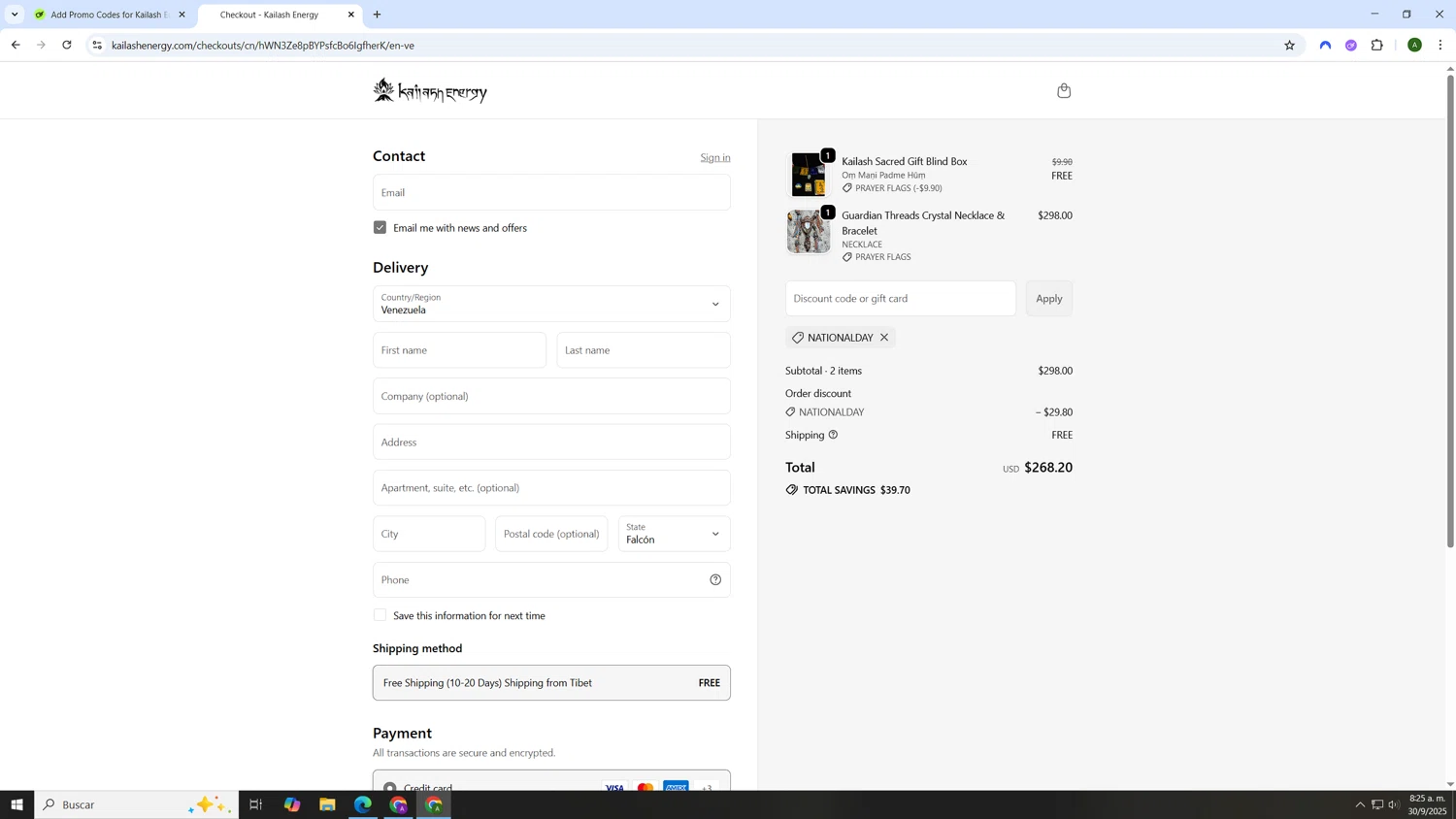 Kailash Energy promo code screenshot showing code NATIONALDAY applied at Kailash Energy checkout page. Uploaded by SimplyCodes community member AnthonyGTX on Sep 30, 2025