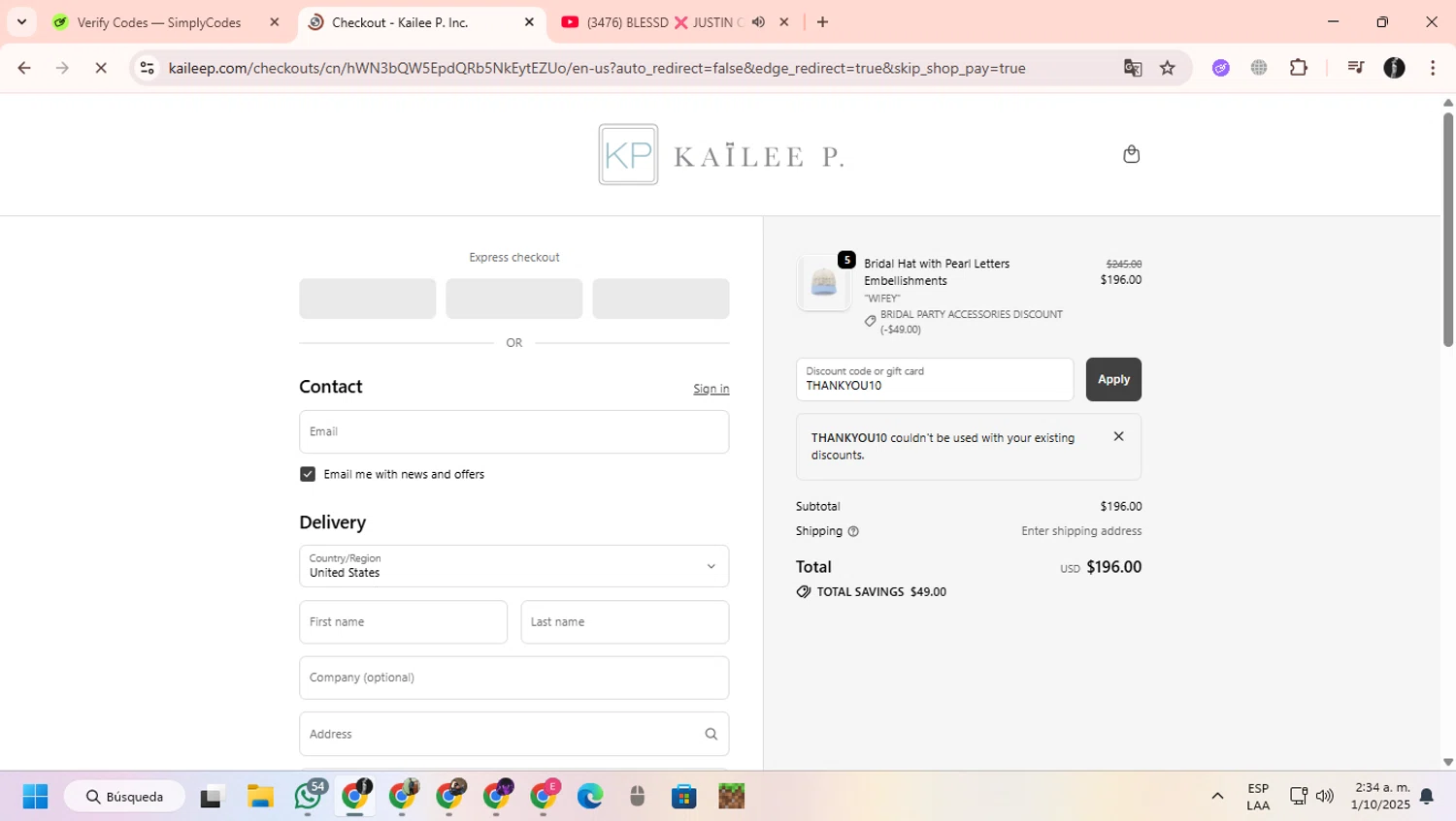 Kailee P discount code screenshot showing code THANKYOU10 applied at Kailee P checkout page. Uploaded by SimplyCodes community member ChinoYugiXD on Oct 1, 2025