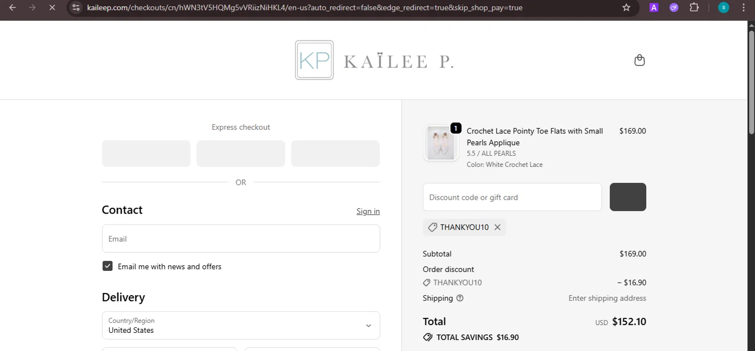 Kailee P discount code screenshot showing code THANKYOU10 applied at Kailee P checkout page. Uploaded by SimplyCodes community member ValiantChaser7723 on Oct 8, 2025