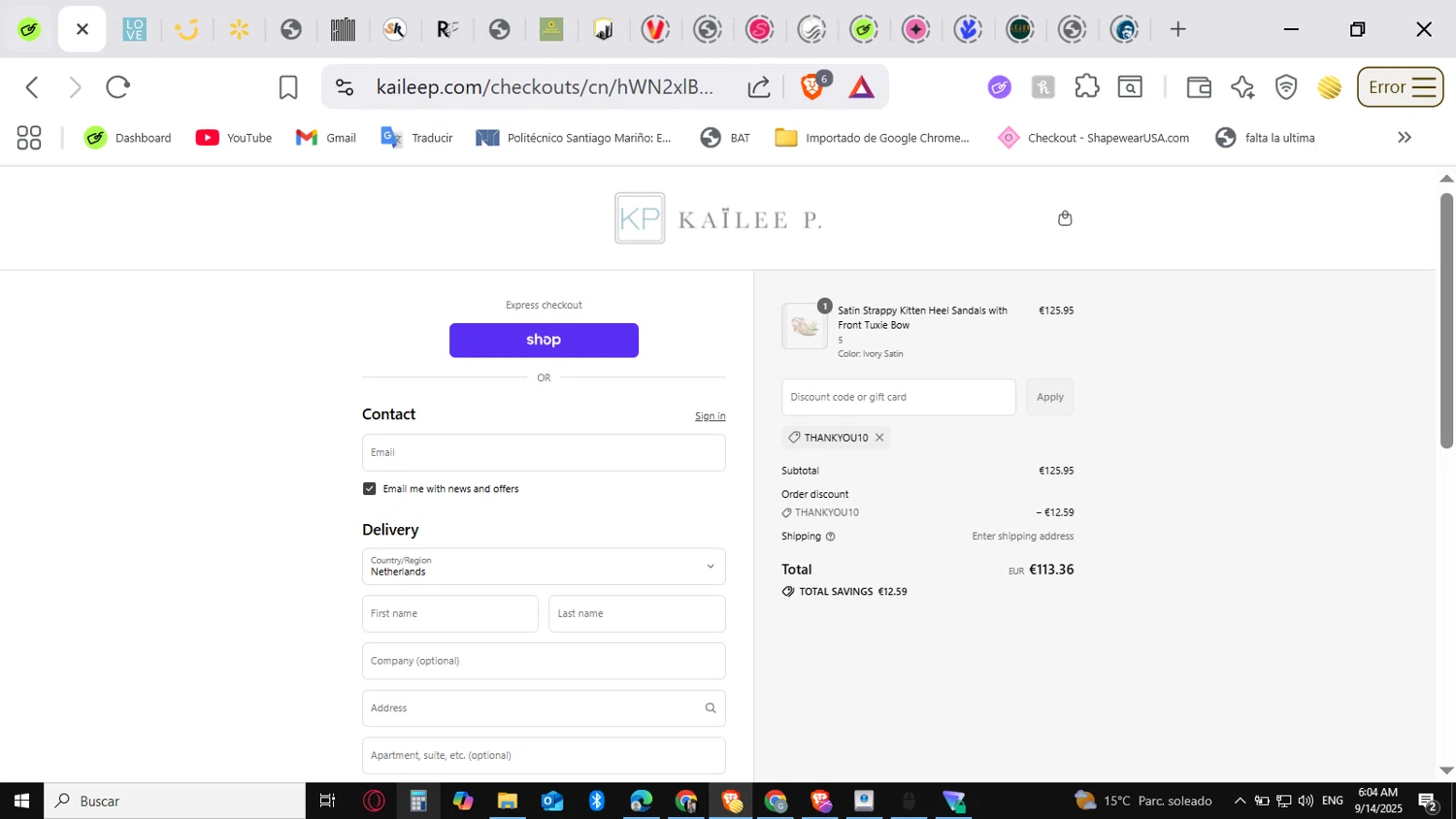 Kailee P discount code screenshot showing code THANKYOU10 applied at Kailee P checkout page. Uploaded by SimplyCodes community member conorgrey on Sep 14, 2025