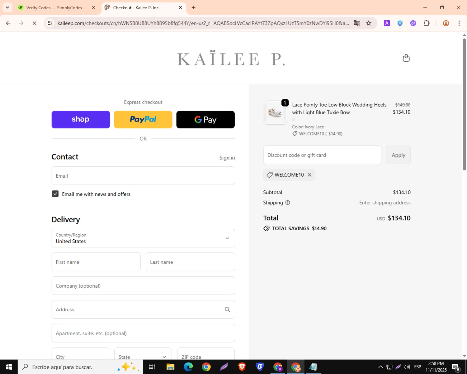 Kailee P discount code screenshot showing code WELCOME10 applied at Kailee P checkout page. Uploaded by SimplyCodes community member DealMaestro3966 on Nov 11, 2025