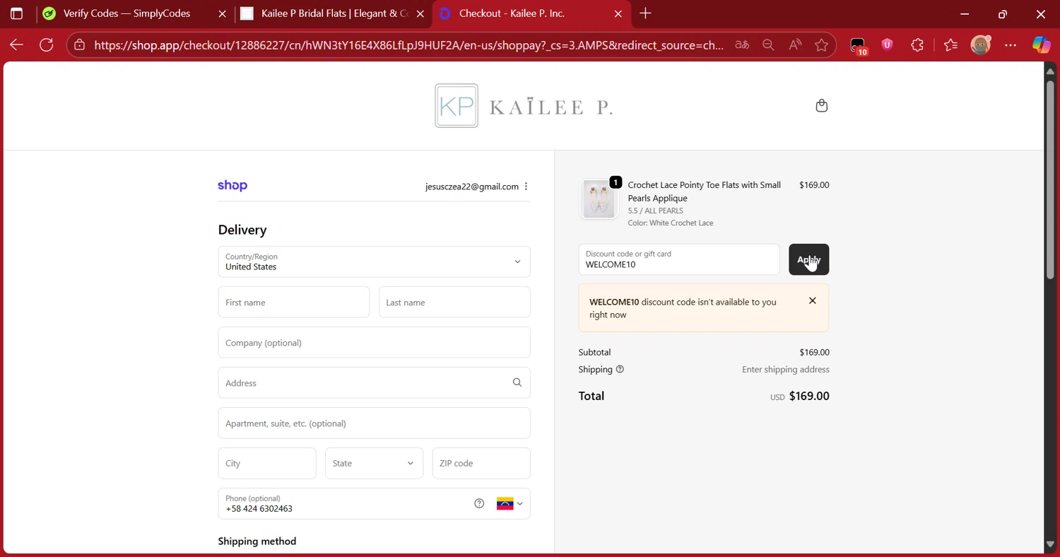 Kailee P discount code screenshot showing code WELCOME10 applied at Kailee P checkout page. Uploaded by SimplyCodes community member DiscountScout1417 on Oct 8, 2025
