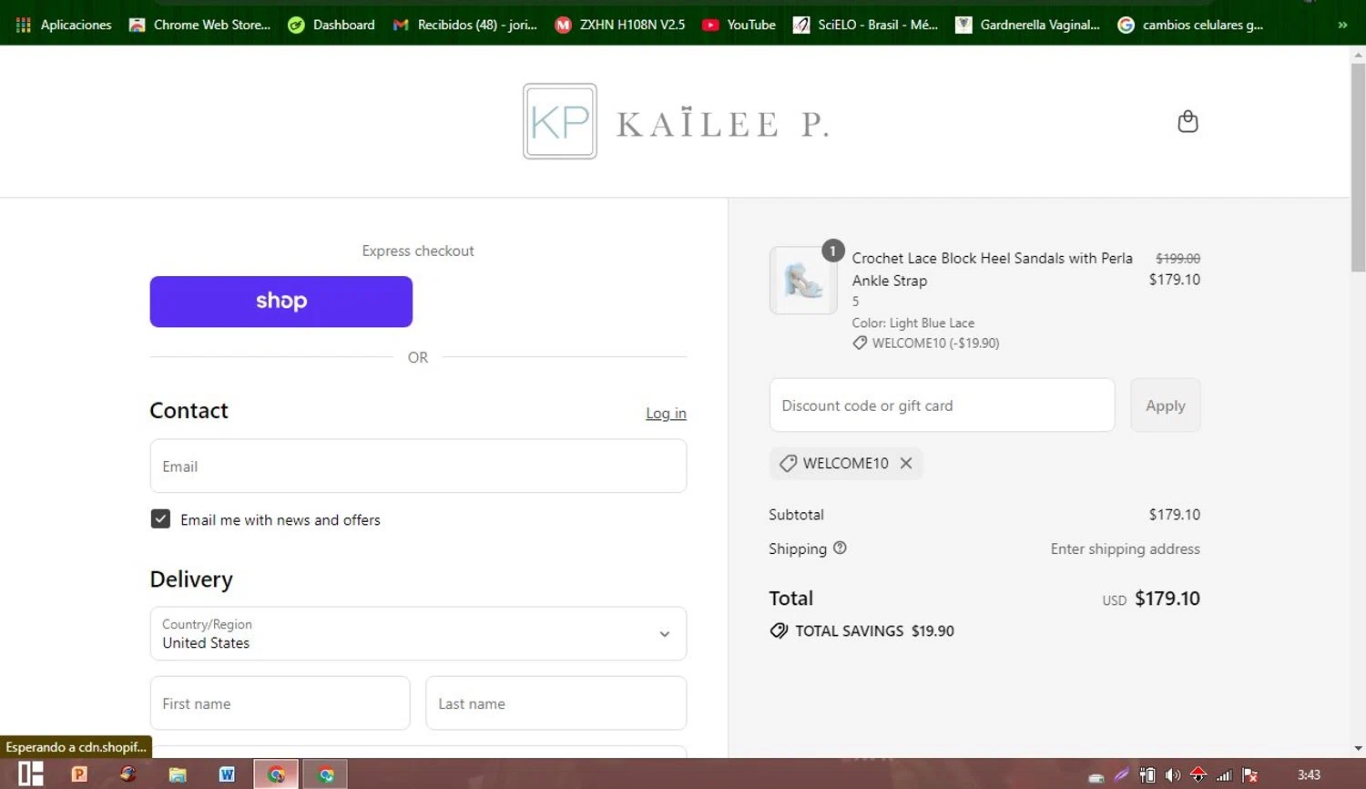 Kailee P discount code screenshot showing code WELCOME10 applied at Kailee P checkout page. Uploaded by SimplyCodes community member Patobel on Sep 2, 2025