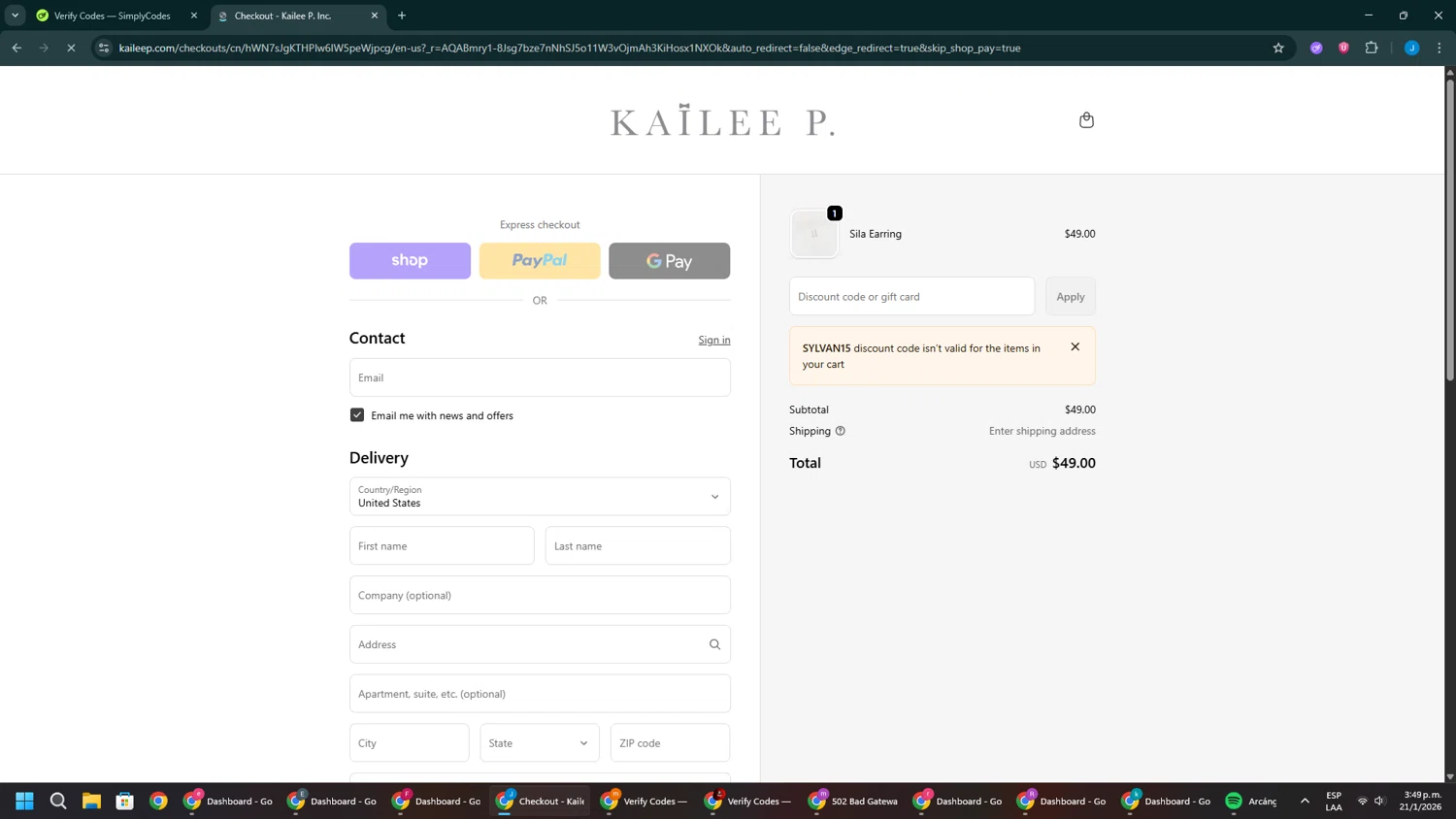 Kailee P discount code screenshot showing code SYLVAN15 applied at Kailee P checkout page. Uploaded by SimplyCodes community member BargainGuardian280 on Jan 21, 2026