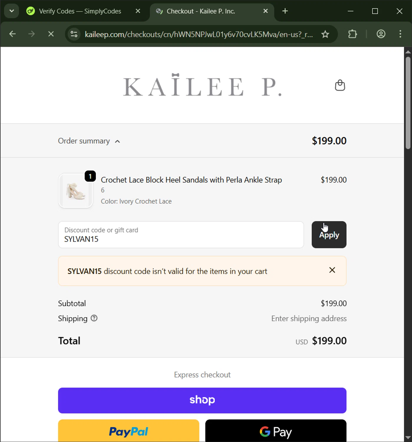 Kailee P discount code screenshot showing code SYLVAN15 applied at Kailee P checkout page. Uploaded by SimplyCodes community member CashWizard4502 on Nov 17, 2025