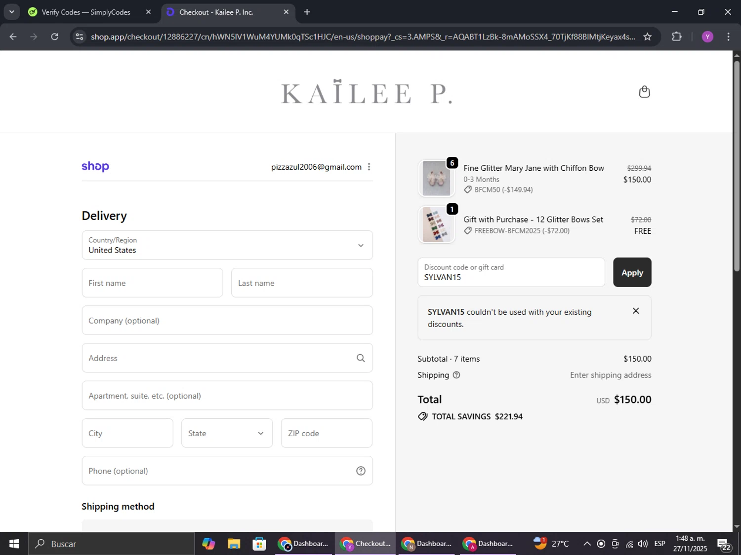 Kailee P discount code screenshot showing code SYLVAN15 applied at Kailee P checkout page. Uploaded by SimplyCodes community member ExtraordinaryHunter3076 on Nov 27, 2025