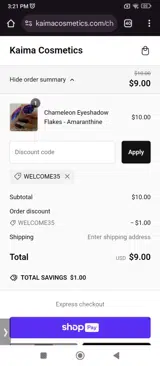 WELCOME35 coupon verification screenshot