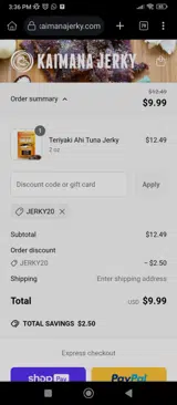 JERKY20 coupon verification screenshot