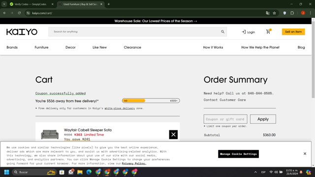 Kaiyo checkout page showing Kaiyo coupon code box | Screenshot taken by SimplyCodes community member on Jun 21, 2024