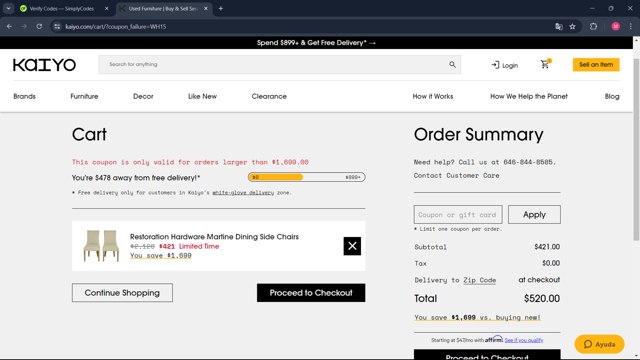 Kaiyo checkout page showing Kaiyo coupon code box | Screenshot taken by SimplyCodes community member on Jul 13, 2024