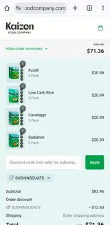 Kaizen Food Company coupon verification screenshot