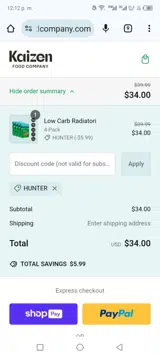 Kaizen Food Company coupon verification screenshot