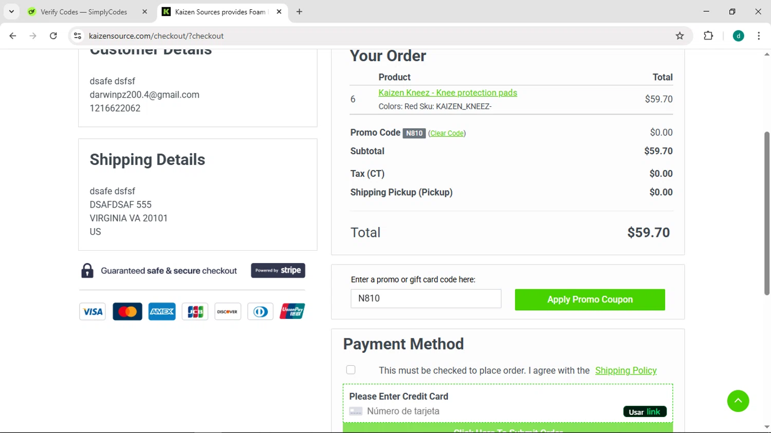 Kaizen Source promo code screenshot showing code N810 applied at Kaizen Source checkout page. Uploaded by SimplyCodes community member HEROESCUDA on May 20, 2025