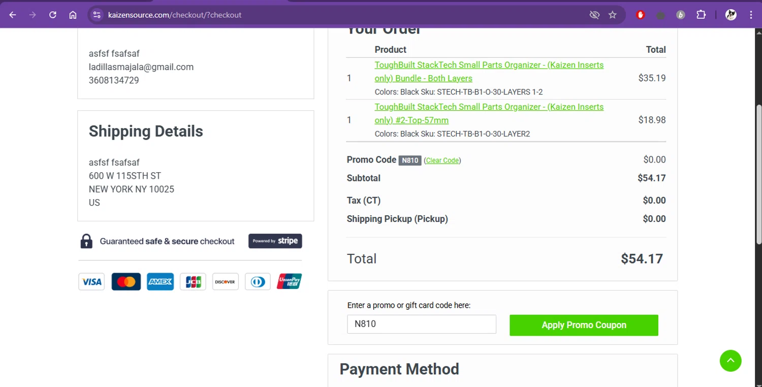 Kaizen Source promo code screenshot showing code N810 applied at Kaizen Source checkout page. Uploaded by SimplyCodes community member BudgetTiger2988 on May 6, 2025