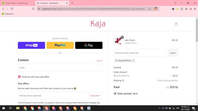 Kaja Beauty checkout page showing Kaja Beauty discount code box | Screenshot taken by SimplyCodes community member on Nov 29, 2024