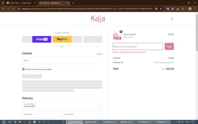Kaja Beauty checkout page showing Kaja Beauty discount code box | Screenshot taken by SimplyCodes community member on Jan 2, 2025