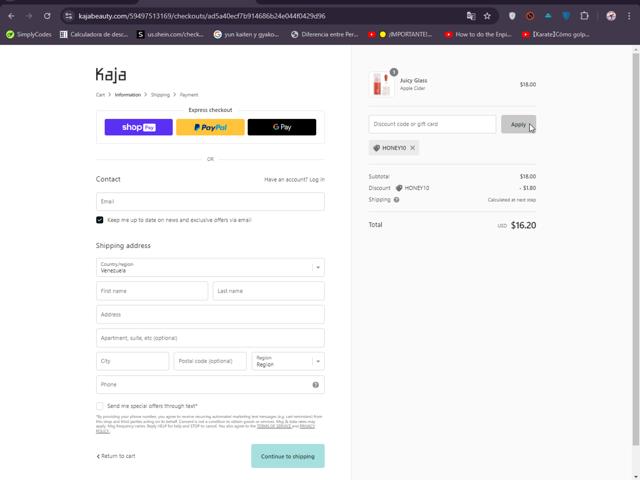 Kaja Beauty checkout page showing Kaja Beauty discount code box | Screenshot taken by SimplyCodes community member on Aug 10, 2024