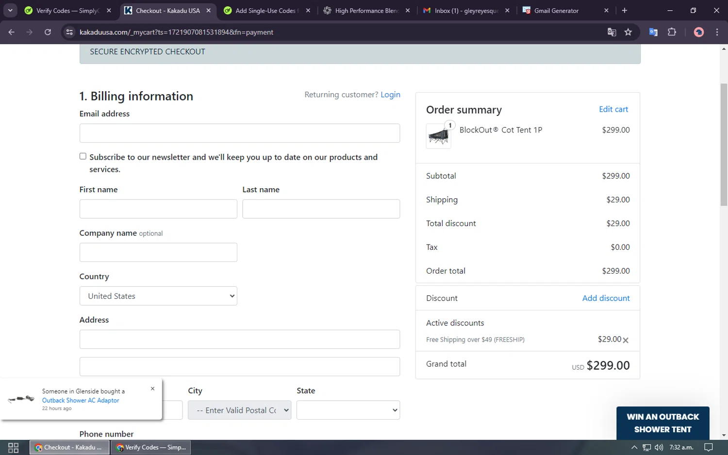 Kakadu USA checkout page showing Kakadu USA promo code box | Screenshot taken by SimplyCodes community member on Jul 25, 2024