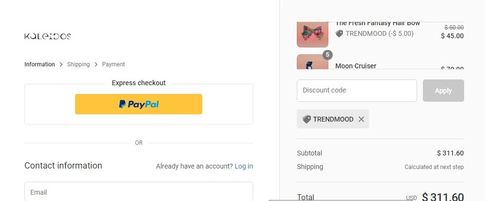 Kaleidos checkout page showing Kaleidos discount code box | Screenshot taken by SimplyCodes community member on Sep 20, 2020
