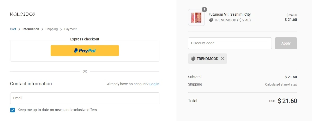 Kaleidos checkout page showing Kaleidos discount code box | Screenshot taken by SimplyCodes community member on Sep 20, 2020