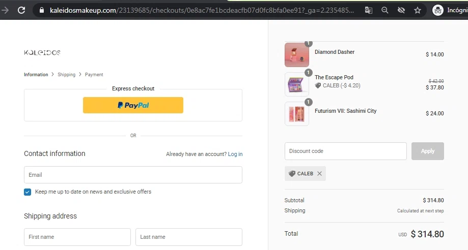 Kaleidos checkout page showing Kaleidos discount code box | Screenshot taken by SimplyCodes community member on Sep 20, 2020