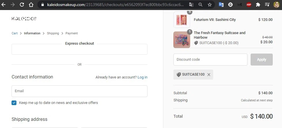 Kaleidos checkout page showing Kaleidos discount code box | Screenshot taken by SimplyCodes community member on Sep 20, 2020