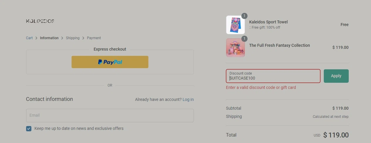 Kaleidos checkout page showing Kaleidos discount code box | Screenshot taken by SimplyCodes community member on Nov 20, 2020