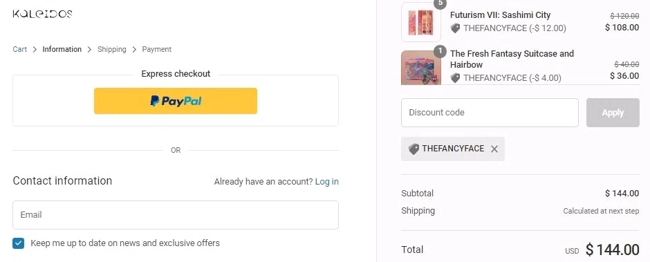 Kaleidos checkout page showing Kaleidos discount code box | Screenshot taken by SimplyCodes community member on Nov 20, 2020