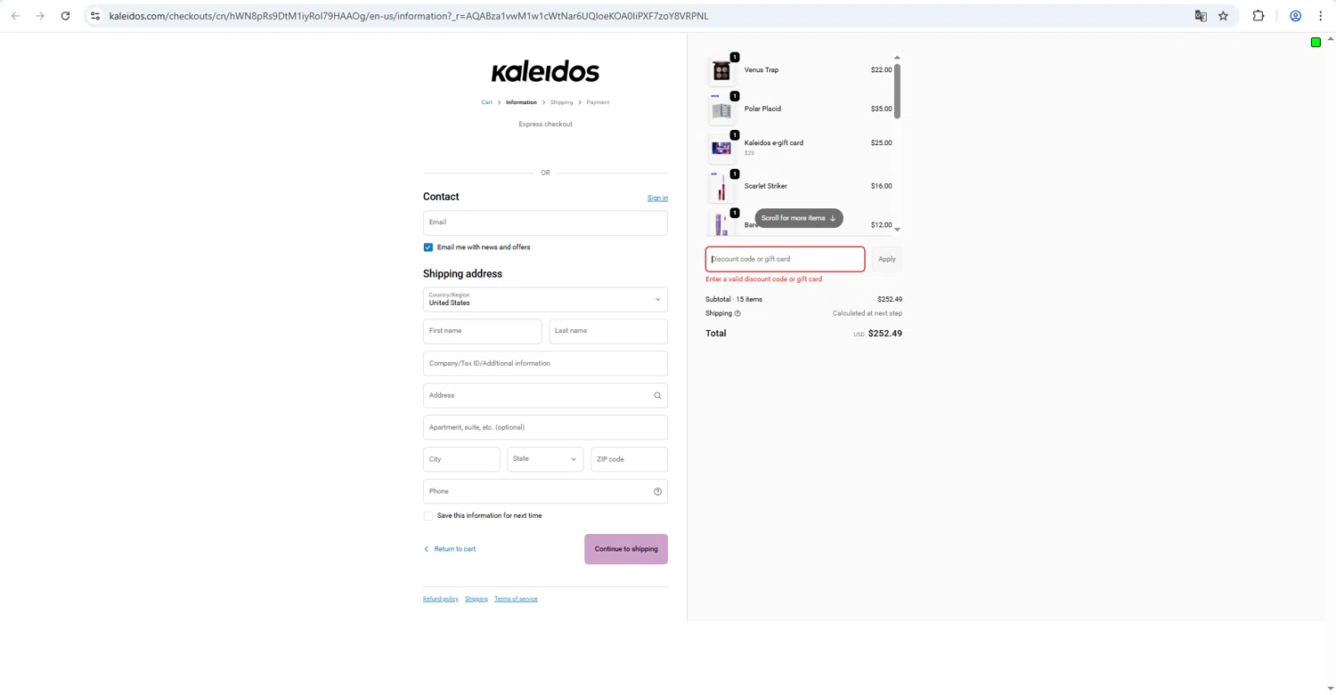 Kaleidos discount code screenshot showing code PHX2YFGS applied at Kaleidos checkout page. Uploaded by SimplyCodes community member RINITOSHI on Feb 15, 2026