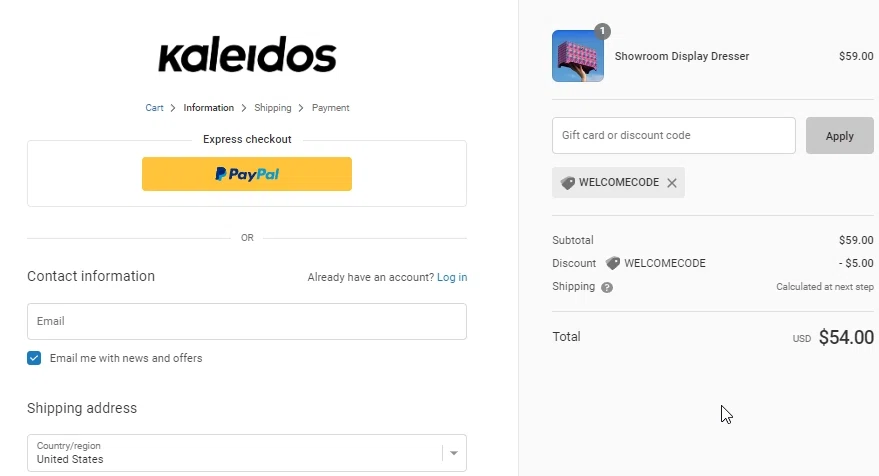 Kaleidos checkout page showing Kaleidos discount code box | Screenshot taken by SimplyCodes community member on Jul 31, 2022
